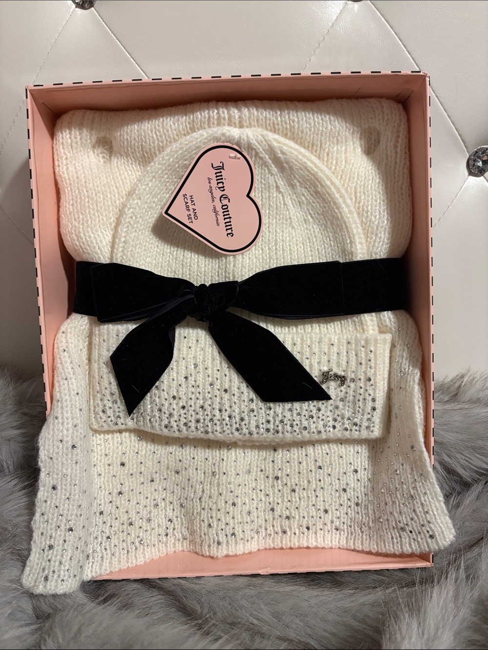 Juicy Couture Cream Knit Hat & Scarf Set with Black Velvet Bow